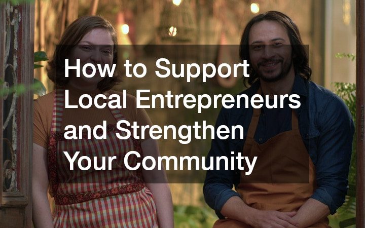male and female local business owners wearing aprons, smiling together