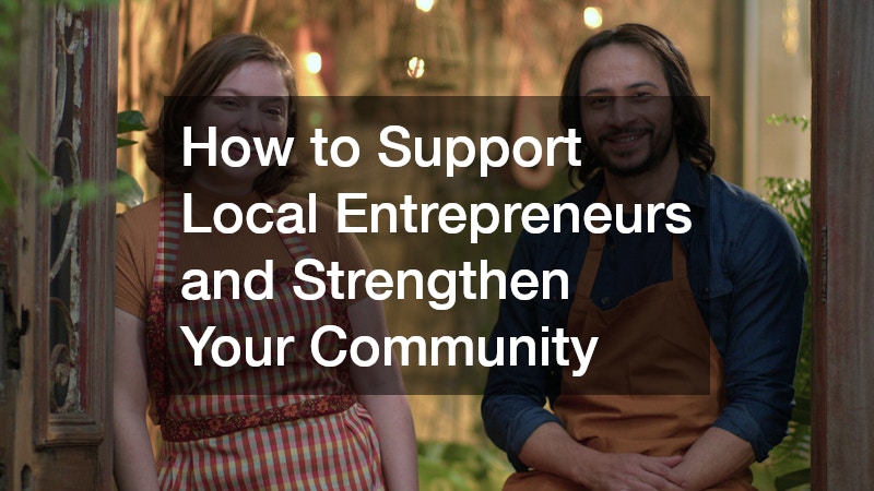 male and female local business owners wearing aprons, smiling together